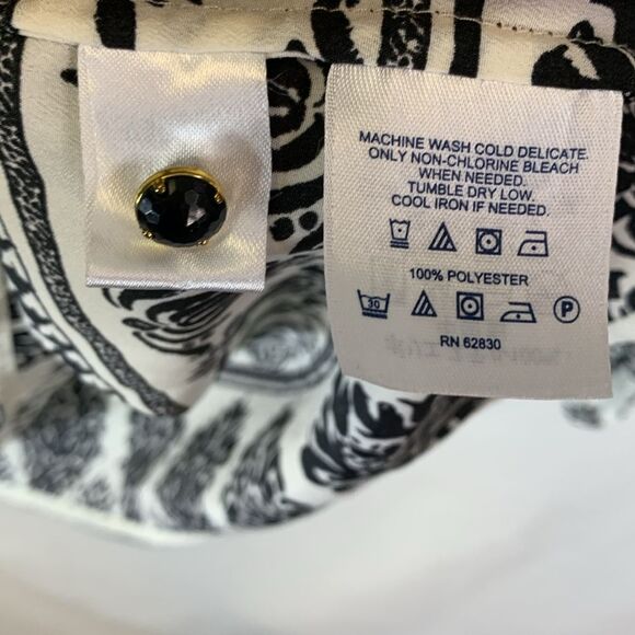 Lands’ End Black White Houndstooth Floral Tie Neck Button Front LS Tunic Sz 12 - Picture 12 of 16